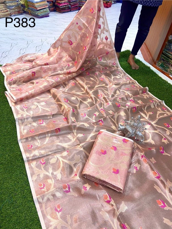 Premium Quality Muslin Tissue All Over Zari And Thread Meena Work With Bp