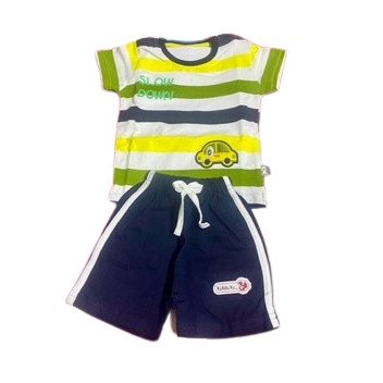 White Strip Tshirt and Blue Half Pant Set For Boy Babies - Pure Cotton