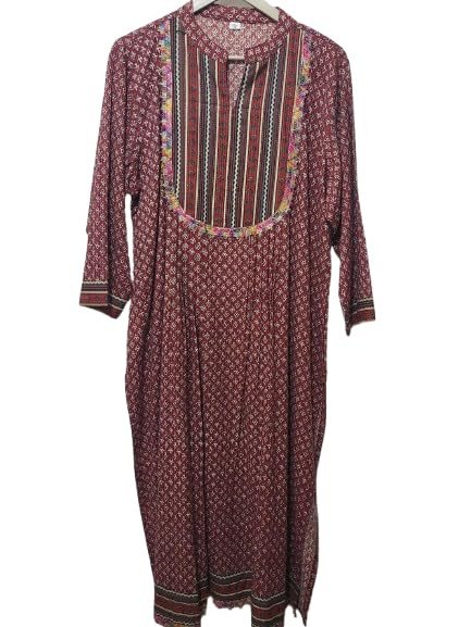 Women's Jaipuri Kurtis- Pure Cotton with Gota Patti, Blue Printed, 3/4 Sleeve, Embroidered Yoke, Ankle Length