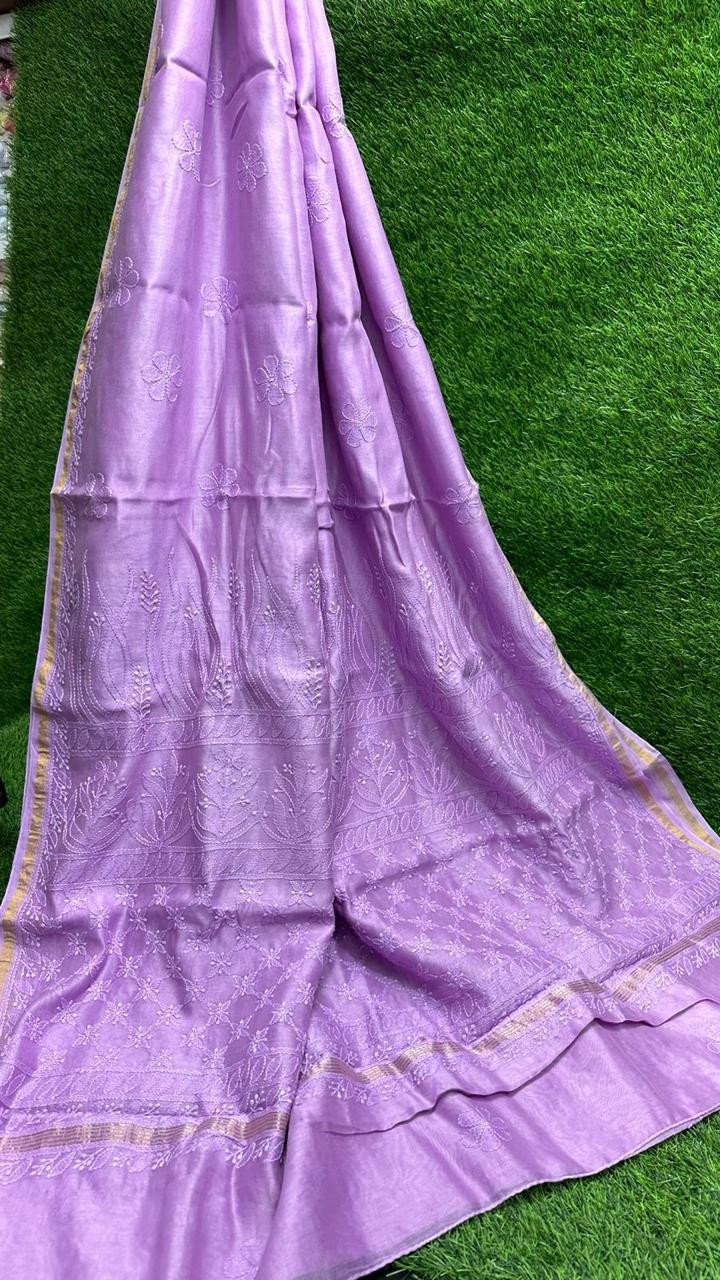 Beautiful Soft Pure Heavy Chikan Work Chanderi Silk Saree With Blouse Lucknowi Chikankari Handwork Dyeable
