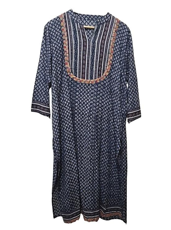 Women's Jaipuri Kurtis- Pure Cotton with Gota Patti, Blue Printed, 3/4 Sleeve, Embroidered Yoke, Ankle Length