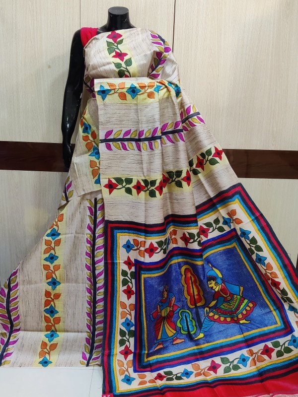 Hand Painting Kantha Sarees On Pure Tussar Ghicha Silk With Silk Mark Tag And Bp
