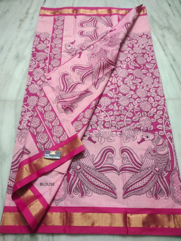 Mangalagiri Pure Handloom Screen Print Small Zari Border Cotton Sarees