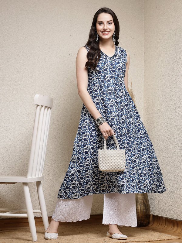 Floral Printed Cotton Blend A-Line Kurta