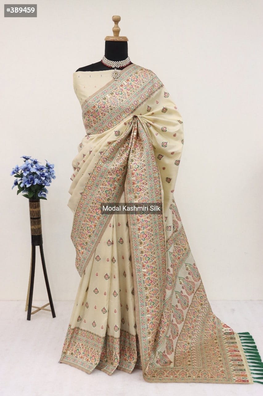 Handloom Banarasi Cotton Silk With Kashmiri Modal Weaving