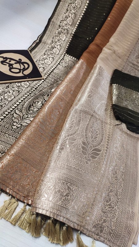 Pure Beneras Moonga Sequence Designer Sarees Contrast Blouse With Border