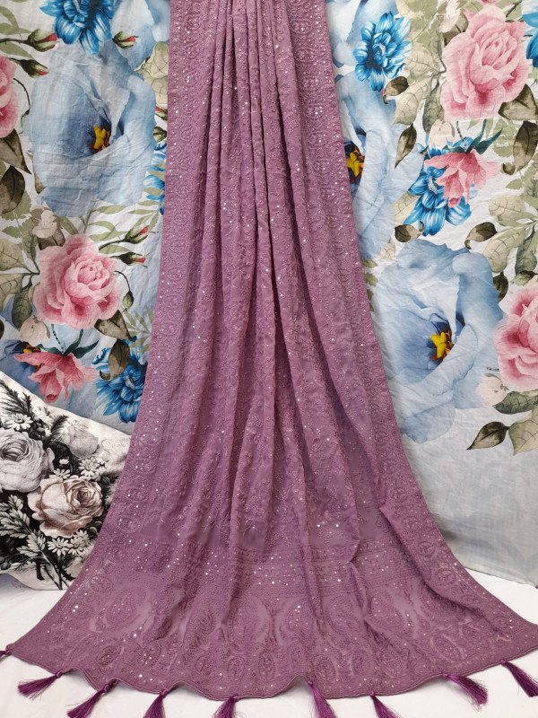 Allover Tone To Tone Lucknowi Chikankari Saree With Sequence Work On Georgette.