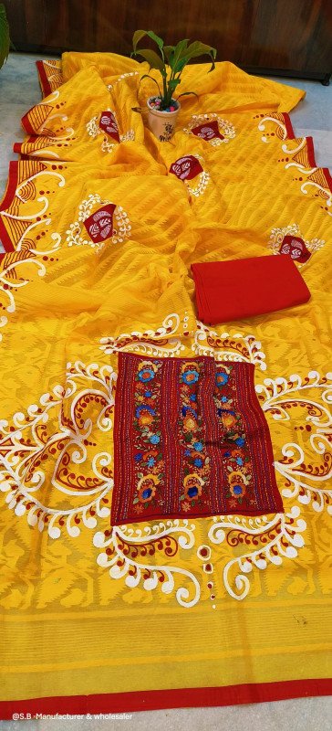Pure Cutton Handloom Bangladeshi Style Dhaki Jamdani Ar Upor Hand Bulian Parsi & Hand Katha Patch Work With Bp