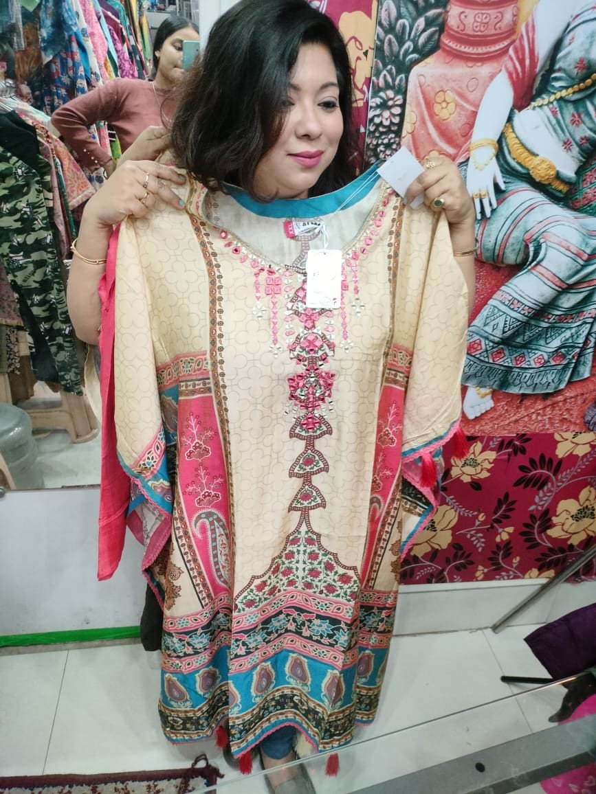 Off White And Pink Kaftan Kurti With Pant