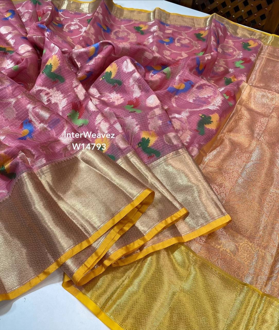 Premium Semi Pure Kottas  With Meenakari Weaving Flowers And Birds Woven All Over